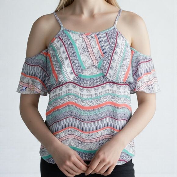 ELLA MOSS Blue Coral Cold Shoulder Boho Medallion Blouse - Picture 1 of 10